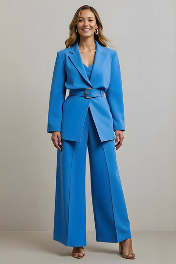 Bleu Cranté Revers 2 Pièces Femmes Bal Costumes avec Ceintures